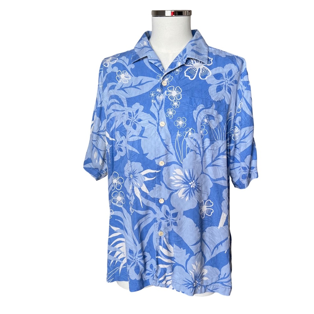 Vtg Tommy Bahama Mens 100% Silk Blue Tropical Hibiscus Resortwear Shirt Large